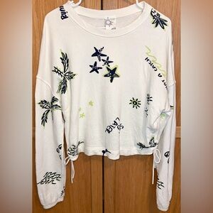 Aerie White Top with Navy and Green Graphics